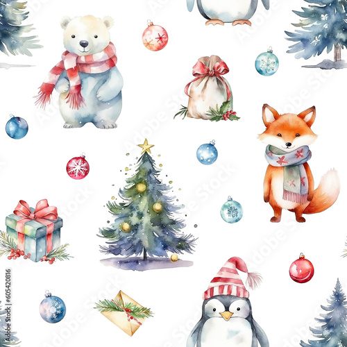 Watercolor Christmas pattern with polar bear, fox, penguin, christmas trees and gift boxes isolated on white background. 