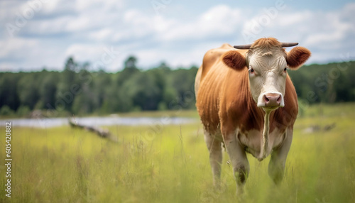 brown cow on a sunny meadow on the run. Light background  generative ai