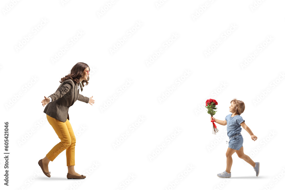 Little girl holding red roses and running towards a young woman Little girl holding red roses and running towards a young woman