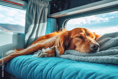 Lovely dog sleeping inside a camper van. 