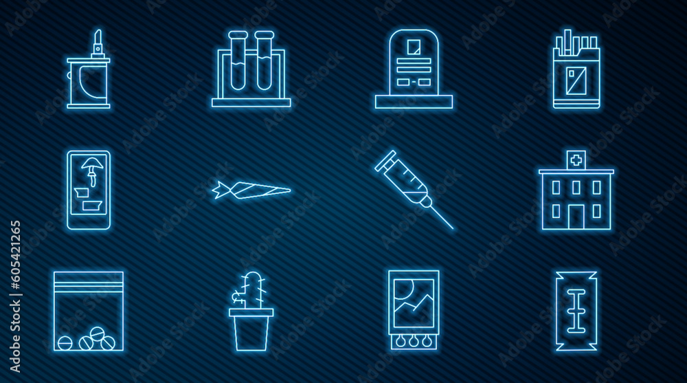 Set line Blade razor, Medical hospital building, Tombstone with RIP written, Marijuana joint, Buying drugs online phone, Electronic cigarette, Syringe and Test tube and flask icon. Vector Set line Blade razor, Medical hospital building, Tombstone with RIP written, Marijuana joint, Buying drugs online phone, Electronic cigarette, Syringe and Test tube and flask icon. Vector