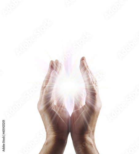 Mature male Reiki healer with cupped hands and bright energy star orb between transparent png file 
