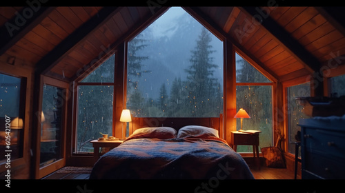 Wide-Angle Shot dynamic overhead lighing, first person point of view from your feet peeking out from beneath the covers, in a cozy cabin surrounded by nature. Generative AI © TimosBlickfang