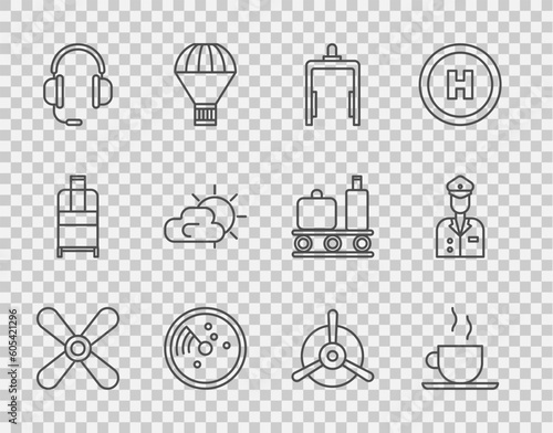 Set line Plane propeller, Coffee cup, Metal detector in airport, Radar with targets on monitor, Headphones microphone, Sun and cloud weather, and Pilot icon. Vector