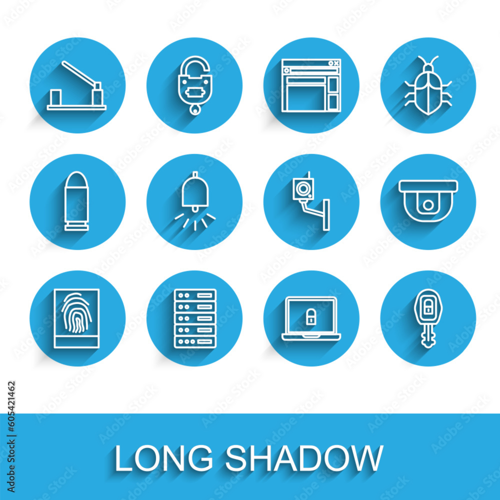 Set line Fingerprint, Server, Data, Web Hosting, Parking car barrier, Laptop and lock, Car key with remote, Ringing alarm bell, Motion sensor and Security camera icon. Vector Set line Fingerprint, Server, Data, Web Hosting, Parking car barrier, Laptop and lock, Car key with remote, Ringing alarm bell, Motion sensor and Security camera icon. Vector