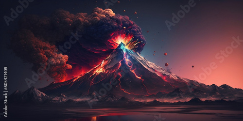 Volcán en erupción de noche, Popocatépetl, México, imagen creada con inteligencia artificial