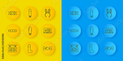 Set line Sex shop, Silicone ball gag with belt, Dildo vibrator, Laptop 18 plus content, Mask long bunny ears and icon. Vector