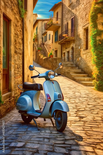 Vintage scooter  traditional italian village located in the hills of the Toscana. Ai generative