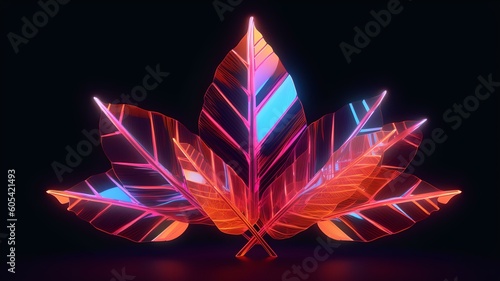  Iridescent Leaves on Display Glass with Neon Lights, Generative AI