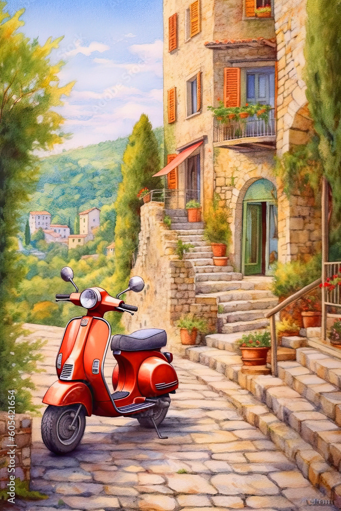 Vintage scooter, traditional italian village located in the hills of the Toscana. Ai generative