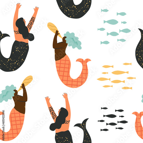 Cute mermaids vector seamless pattern. African Mermaid sounds the trumpet, tattooed mermaid dances, and a school of fish