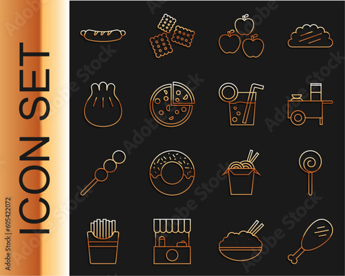 Set line Chicken leg, Lollipop, Fast street food cart, Apple, Pizza, Khinkali on cutting board, Hotdog sandwich and Cocktail icon. Vector