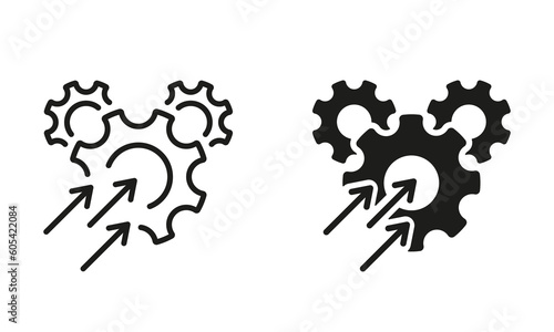Gear with Increase Arrow Pictogram. Productivity Industry Process Line and Silhouette Icon Set. Operational Production Growth Symbol Collection. Optimize Business Sign. Isolated Vector Illustration