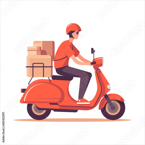 Fast and free delivery by courier with a scooter. Vector cartoon isolated on white background.