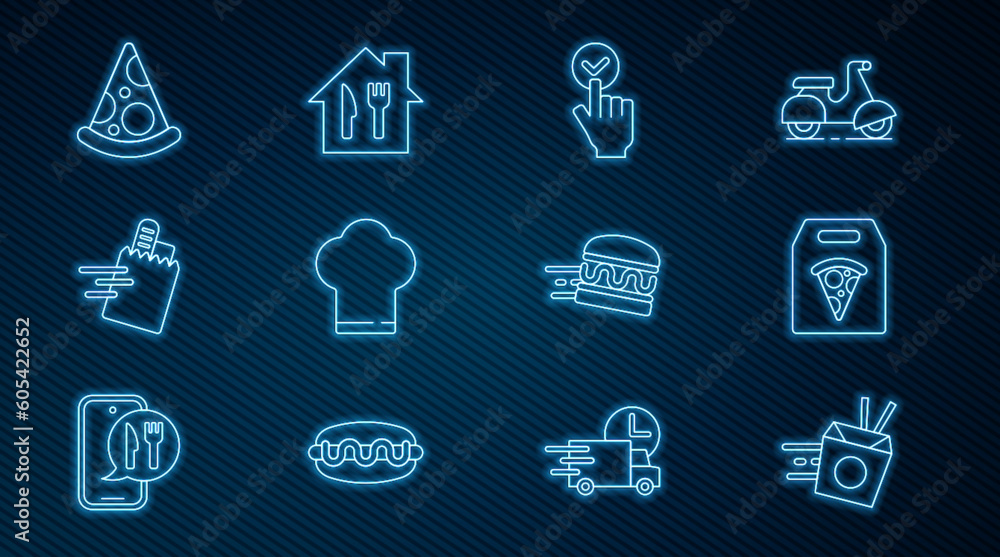 Set line Online ordering noodles delivery, pizza, and, Chef hat, Slice of, burger and icon. Vector Set line Online ordering noodles delivery, pizza, and, Chef hat, Slice of, burger and icon. Vector