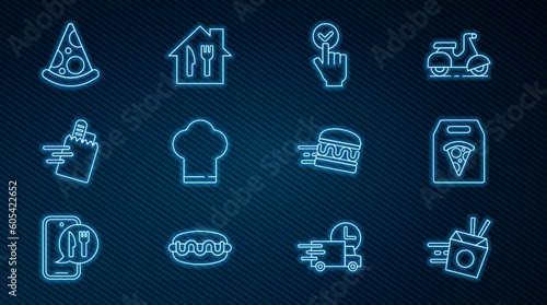 Set line Online ordering noodles delivery, pizza, and, Chef hat, Slice of, burger and icon. Vector