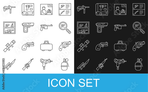 Set line Hand grenade, Small gun revolver, Pistol or search, Advertising weapon, Hunting shop, Submachine M3 and Mauser icon. Vector