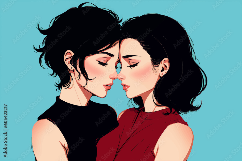 Lesbian women couple in love. Cartoon-style vector illustration. Girl friendship