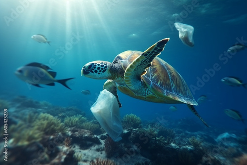 Ocean and sea pollution with plastic concept. Sea turtles swimming in polluted with plastic bags ocean. Polluted colorful coral reefs. Exotic small fishes in background. Generative AI © Rytis