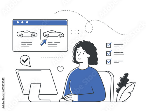 Payment and purchase of car. Woman chooses and buying automobile. Secure online shopping on website with credit card. E commerce, vehicle, leasing, money concept. Cartoon flat vector illustration