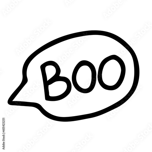 Hand drawn line art of speech bubble with boo sounds boo cloud in black outline