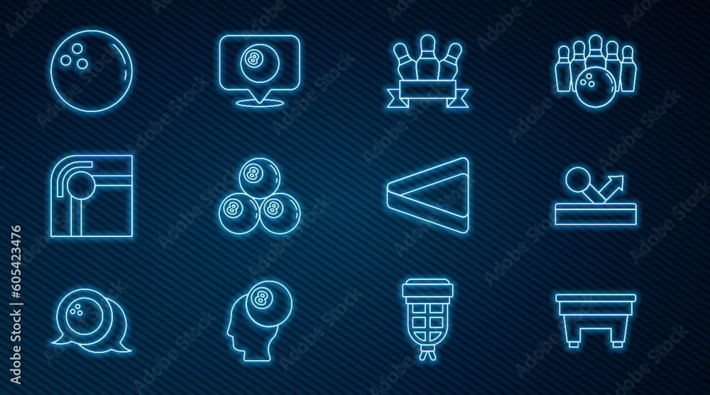 Fototapeta premium Set line Billiard table, ball, Bowling pin, triangle and Location with billiard icon. Vector