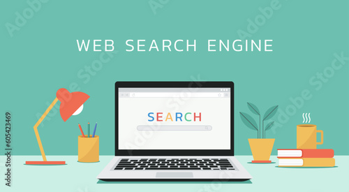 SEO search engine optimization or finding website from internet online on laptop screen with magnifying glass button box, vector flat illustration