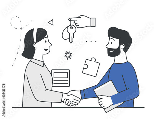Rent and sale of real estate. Buying apartment or car and drawing up lease agreement. Simple icon with man, client, woman and keys. Leasing and home mortgage concept. Cartoon flat vector illustration