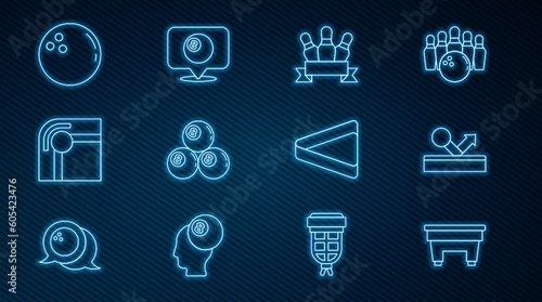 Set line Billiard table, ball, Bowling pin, triangle and Location with billiard icon. Vector