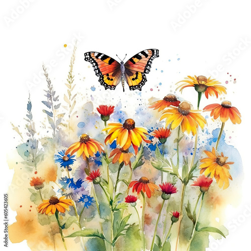 A watercolor painting of a butterfly and flowers. Generative AI. © tilialucida