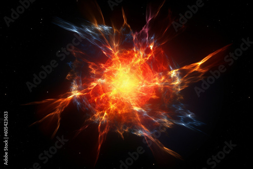 Science and sci-fi concept. Illustration of supernova explosion in space. Copy space. Generative AI