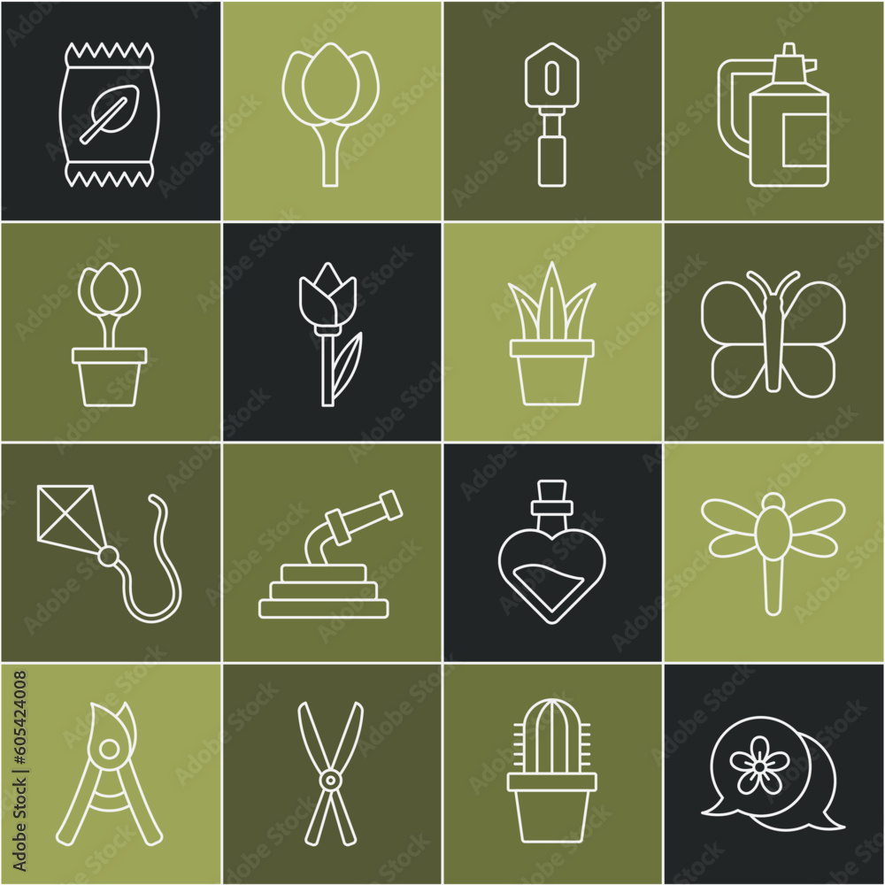 Set line Flower, Dragonfly, Butterfly, Shovel, tulip, in pot, Fertilizer bag and Plant icon. Vector Set line Flower, Dragonfly, Butterfly, Shovel, tulip, in pot, Fertilizer bag and Plant icon. Vector