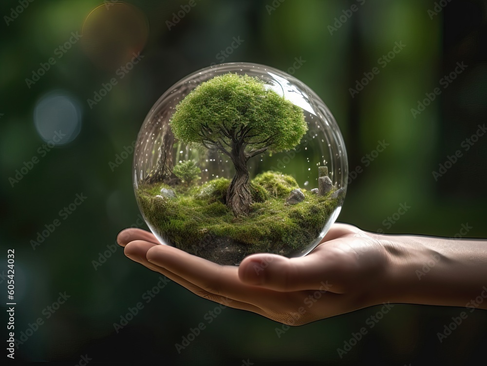 Naturverbundenheit, eine Hand hält einen Baum in einer Glaskugel, generative AI.