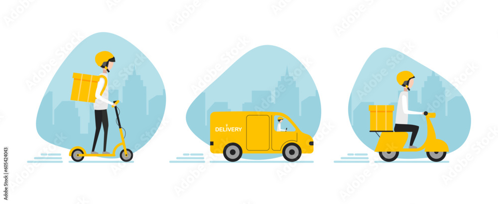 Fototapeta premium Express delivery by van, motorbike, e-scooter. Truck, motorcycle on street background. Different types couriers. Fast shipping service. Order tracking