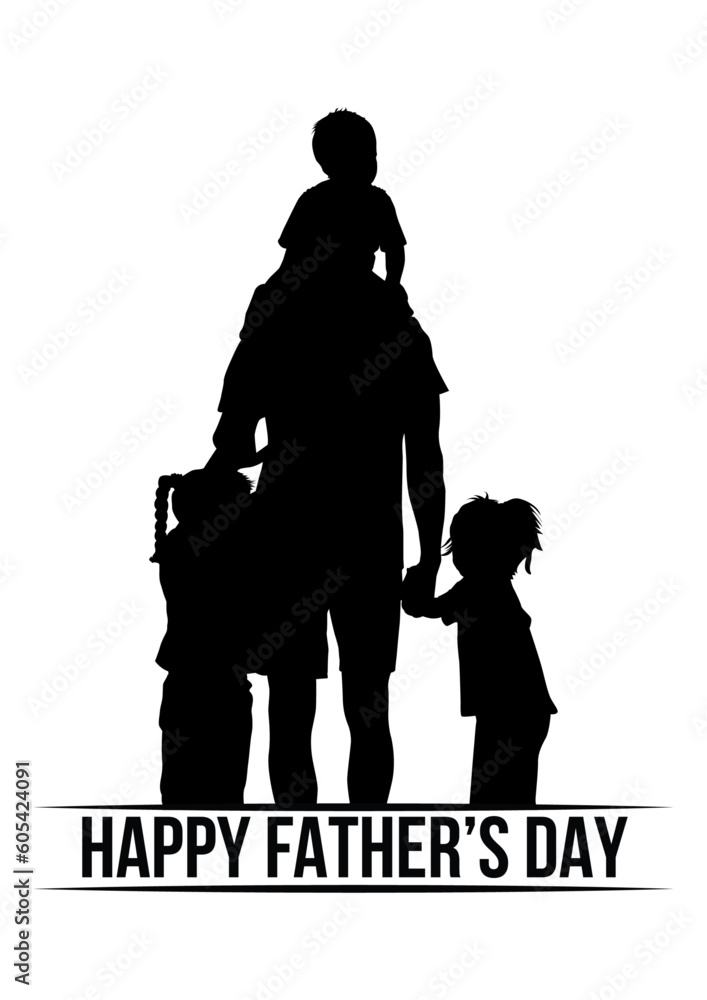 Happy father's day with Dad and Children. Father and his Kids vector silhouettes