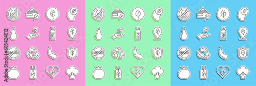Set line Broccoli, Vegan food diet, Leaf or leaves, Plant in hand, Pear, No meat and Organic cosmetic icon. Vector
