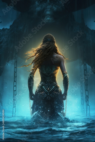 a female warrior with a sword in the ocean. Iemanjá, yemanjá, odoyá, brazilian goddess of the sea. Back view of a ocean queen. African mermaid.