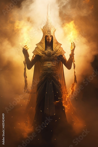Statue of a god in the fire. Osiris, Egyptian god, goddess. Fantasy background with flames, fire, smoke and embers. Magic glow. photo