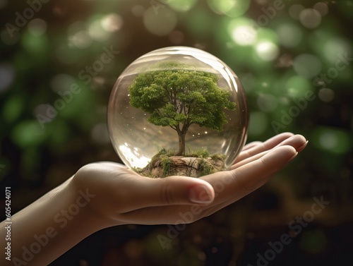 Naturverbundenheit, eine Hand hält einen Baum in einer Glaskugel, generative AI.