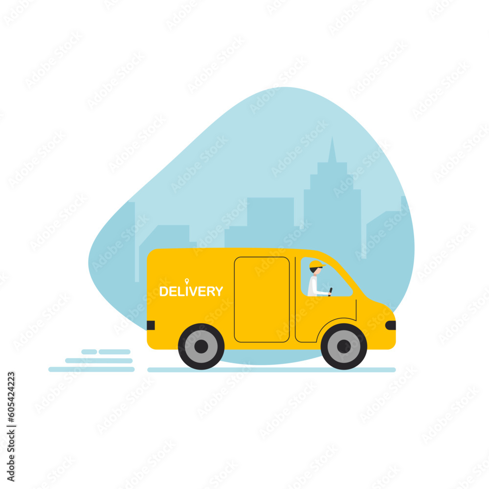 Express delivery by van. Truck on a street background. Fast shipping service icon. Online order tracking. Vector illustration isolated.