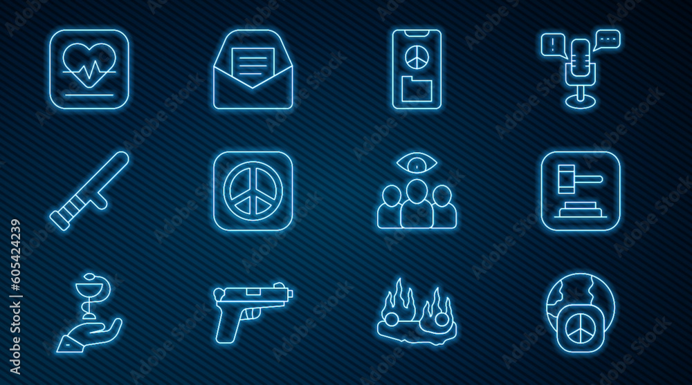 Set line International day of peace, Judge gavel, Peace, Police rubber baton, Heart rate, Spy, agent and Mail and e-mail icon. Vector Set line International day of peace, Judge gavel, Peace, Police rubber baton, Heart rate, Spy, agent and Mail and e-mail icon. Vector