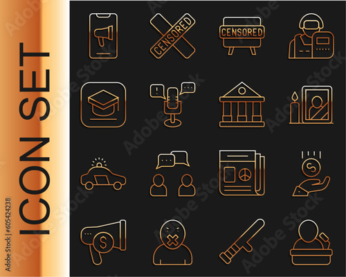 Set line Speaker, Coins on hand - minimal wage, Mourning photo frame, Censored stamp, Freedom of speech, Graduation cap, Protest and Courthouse building icon. Vector