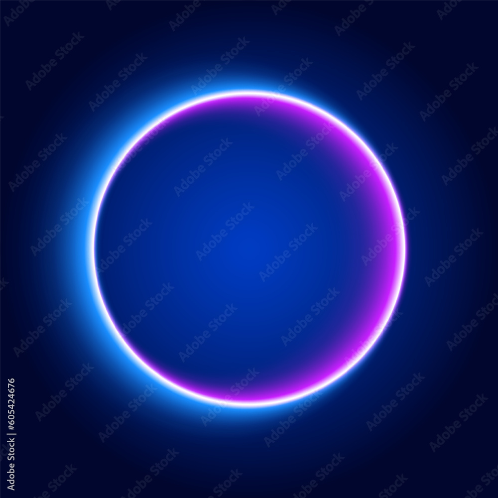 Round neon frame, glowing circle on dark background, vector illustration.