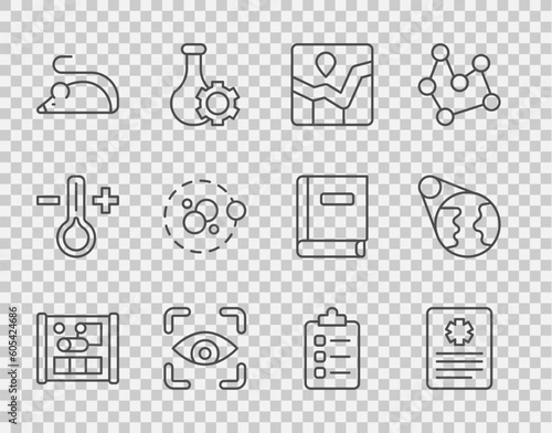 Set line Graphing paper for engineering, Patient record, chart infographic, Eye scan, Experimental mouse, Atom, To do list planning and Earth globe icon. Vector