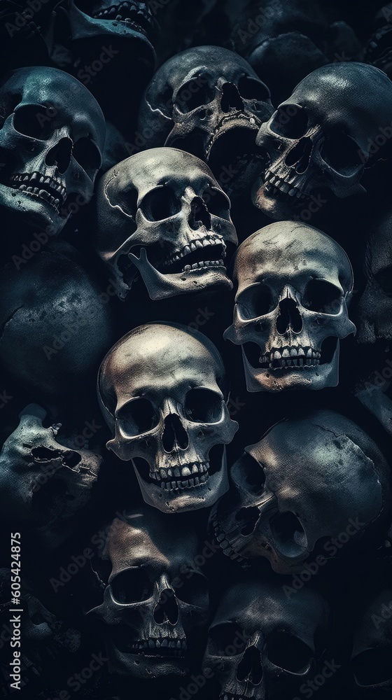 Dark Mode background with Creepy Skull Heads. Gen AI	
