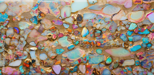 Iridescent opal stones and golden glitters. Generative AI photo