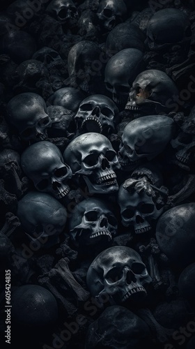 Dark Mode background with Creepy Skull Heads. Gen AI 