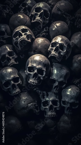Dark Mode background with Creepy Skull Heads. Gen AI	
