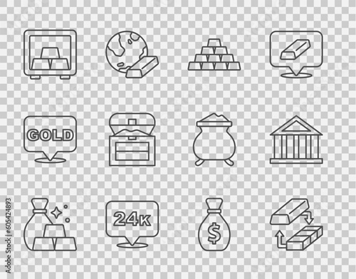Set line Bag of gold bars, Gold exchange money, 24k, Safe with, Antique treasure chest, Old bag and Bank building icon. Vector