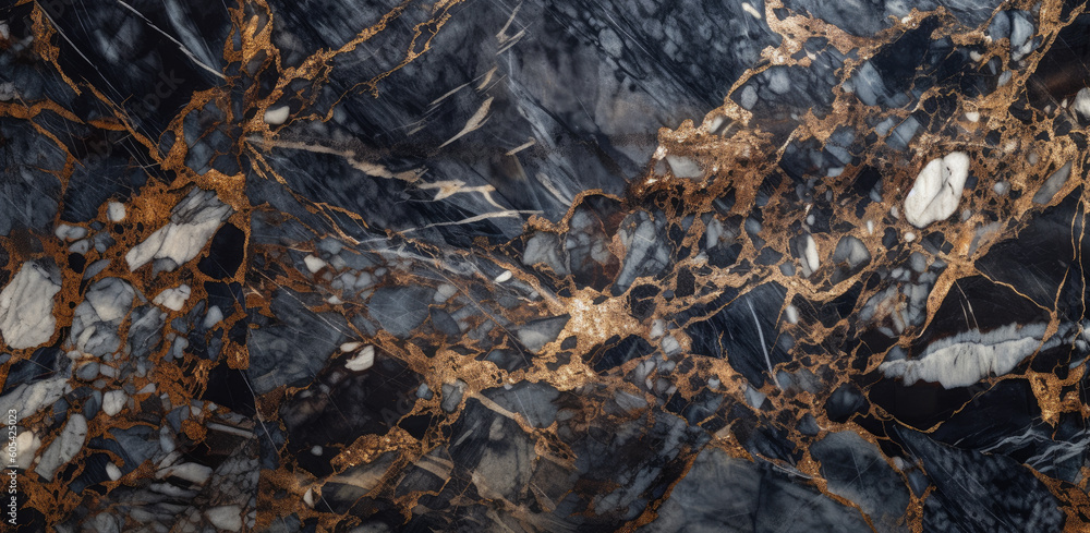 Black and deep blue marble surface with golden glitters. Generative AI Black and deep blue marble surface with golden glitters. Generative AI